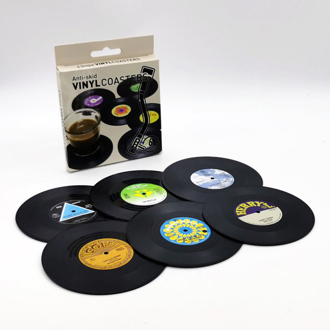 6x Creative Vinyl Record Cup Coasters w Holder Glass Drink Tableware Home Decor - Zmart Australia