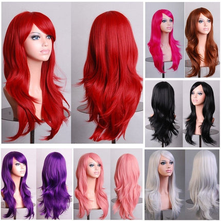 70cm Wavy Curly Sleek Full Hair Lady Wigs w Side Bangs Cosplay Costume Womens - Zmart Australia