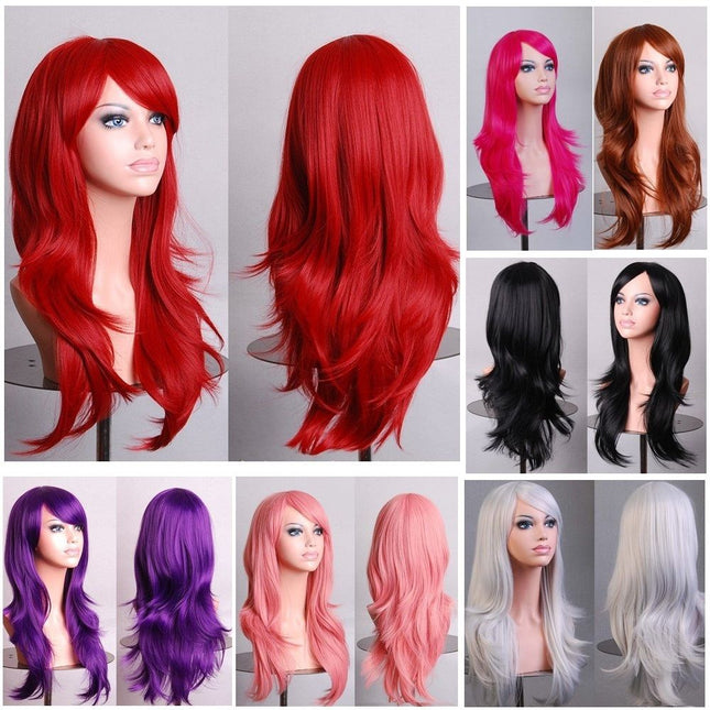 70cm Wavy Curly Sleek Full Hair Lady Wigs w Side Bangs Cosplay Costume Womens - Zmart Australia