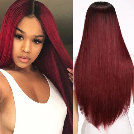 70cm Long Straight Ombre Wig Black Burgundy Red Synthetic Hair Fashion Costplay