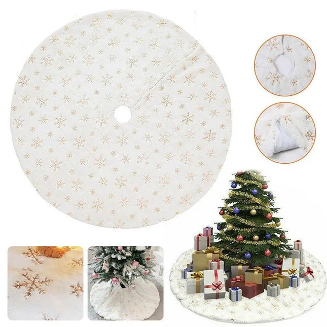 90/122cm Christmas Plush Tree Skirt Snowflakes Xmas Floor Fur Mat Cover Decor - Zmart Australia