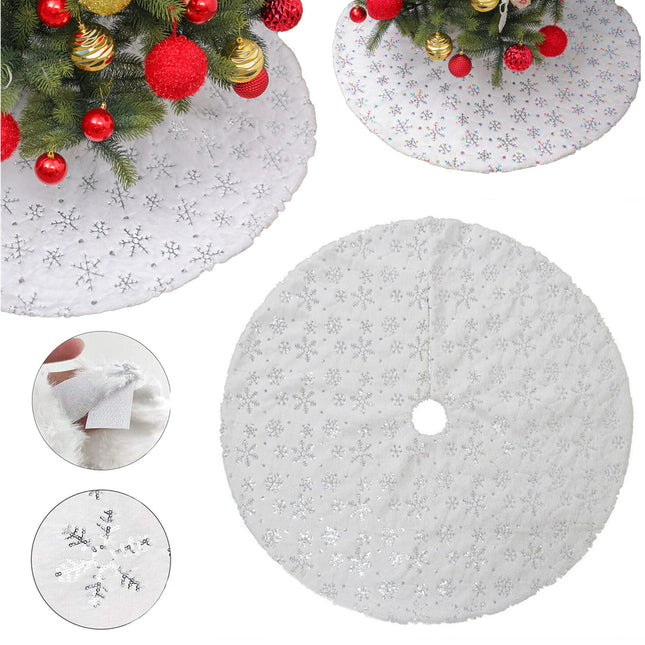 90/122cm Christmas Plush Tree Skirt Snowflakes Xmas Floor Fur Mat Cover Decor - Zmart Australia