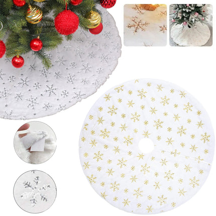 90/122cm Christmas Plush Tree Skirt Snowflakes Xmas Floor Fur Mat Cover Decor - Zmart Australia