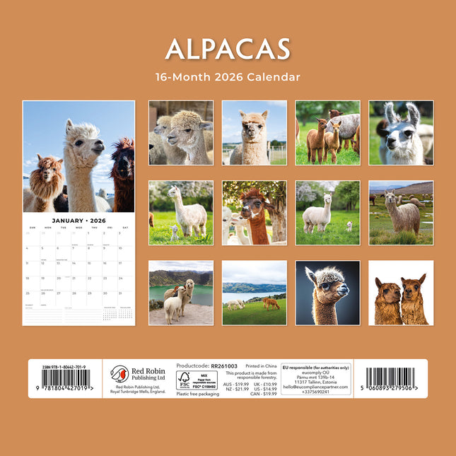 Alpacas 2026 Premium Square Wall Calendar