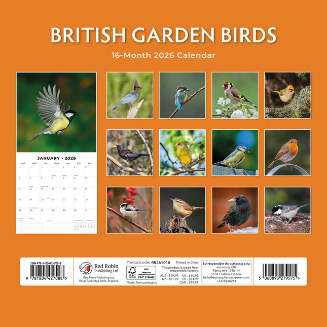 British Garden Birds 2026 Premium Square Wall Calendar