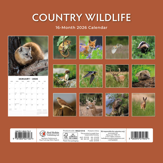 Country Wildlife 2026 Premium Square Wall Calendar
