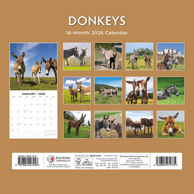 Donkeys 2026 Premium Square Wall Calendar
