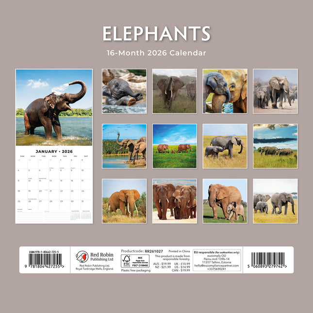 Elephants 2026 Premium Square Wall Calendar