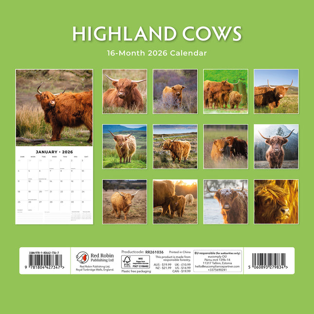 Highland Cows 2026 Premium Square Wall Calendar