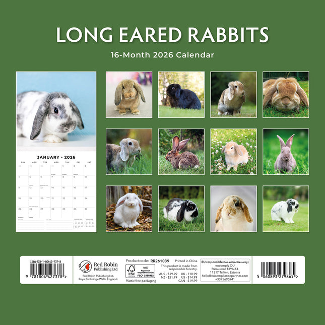 Long Eared Rabbits 2026 Premium Square Wall Calendar