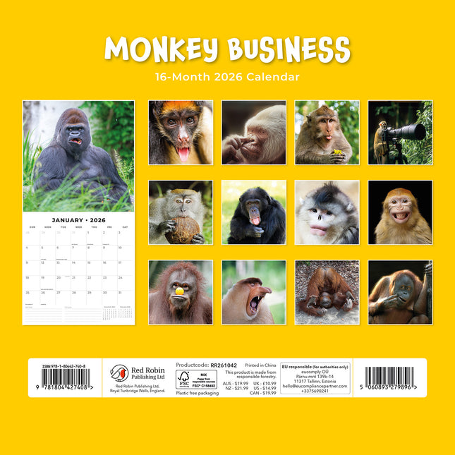 Monkey Business 2026 Premium Square Wall Calendar