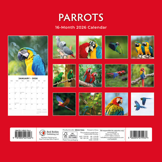 Parrots 2026 Premium Square Wall Calendar