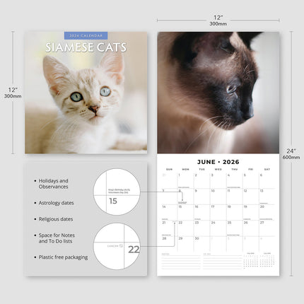 Siamese Cats 2026 Premium Square Wall Calendar