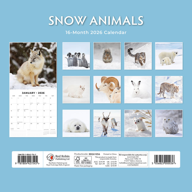 Snow Animals 2026 Premium Square Wall Calendar