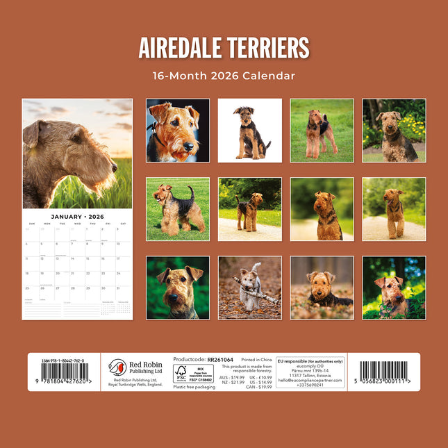 Airedale Terriers 2026 Premium Square Wall Calendar