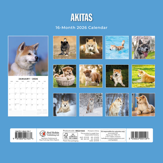 Akitas 2026 Premium Square Wall Calendar