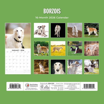 Borzois 2026 Premium Square Wall Calendar