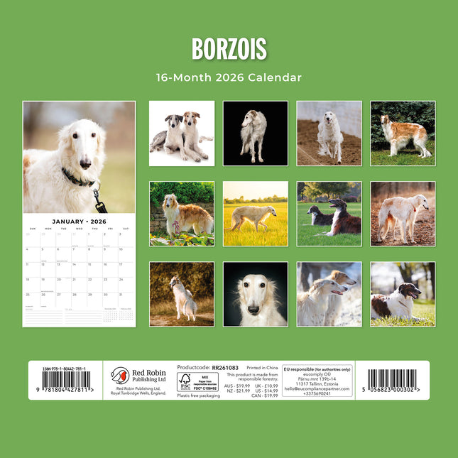 Borzois 2026 Premium Square Wall Calendar