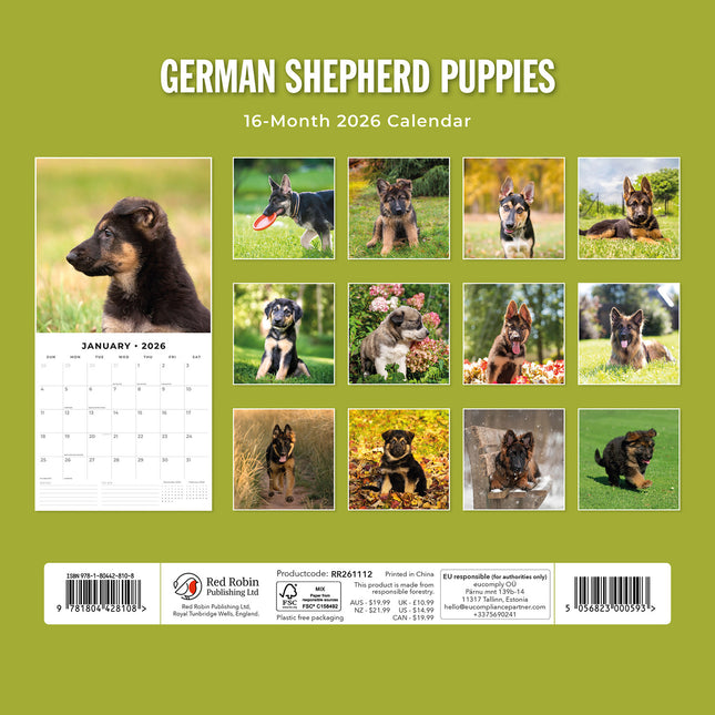 German Shepherd Puppies 2026 Premium Square Wall Calendar