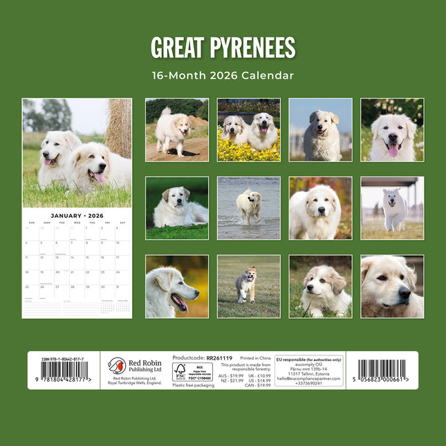 Great Pyrenees 2026 Premium Square Wall Calendar