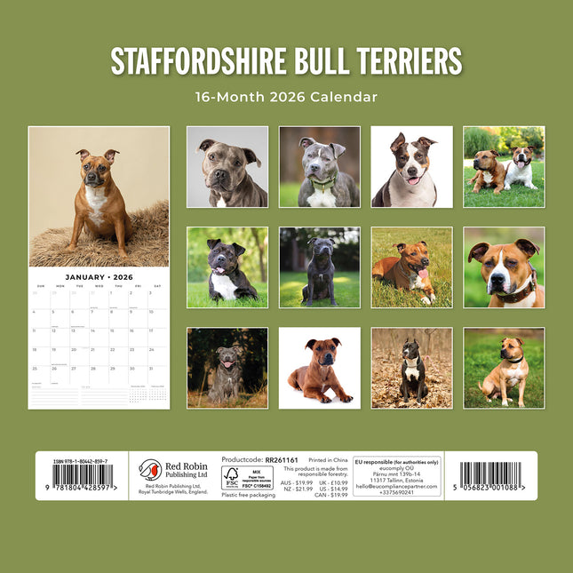 Staffordshire Bull Terriers 2026 Premium Square Wall Calendar