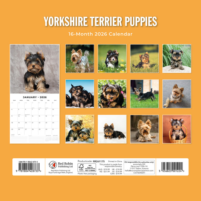 Yorkshire Terrier Puppies 2026 Premium Square Wall Calendar