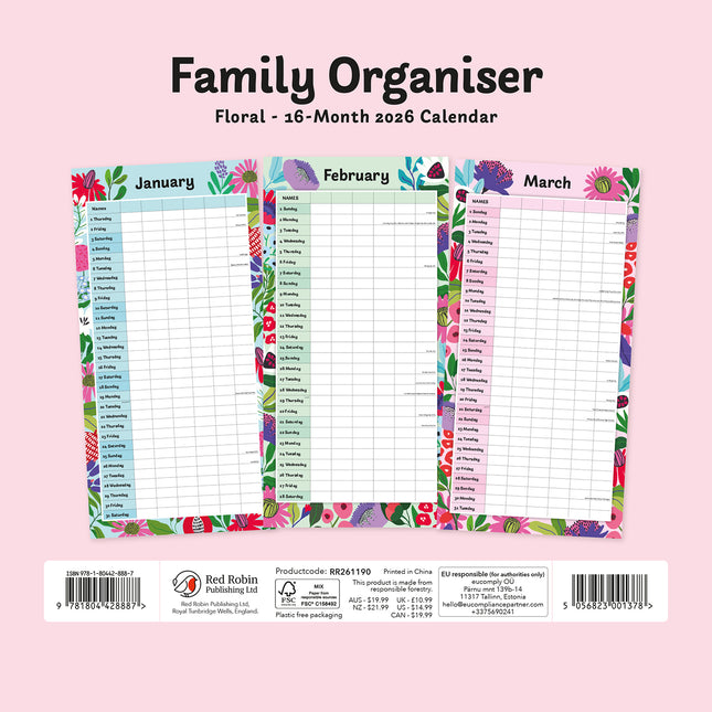 Floral Family Organiser 2026 Premium Square Wall Calendar
