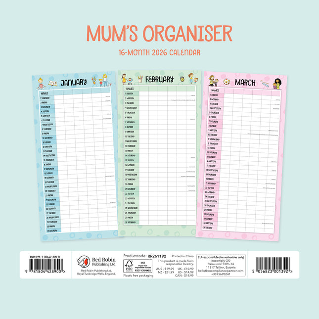 Mums Organiser 2026 Premium Square Wall Calendar