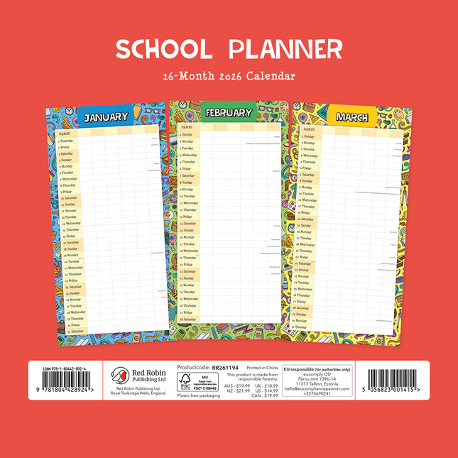 School Planner 2026 Premium Square Wall Calendar