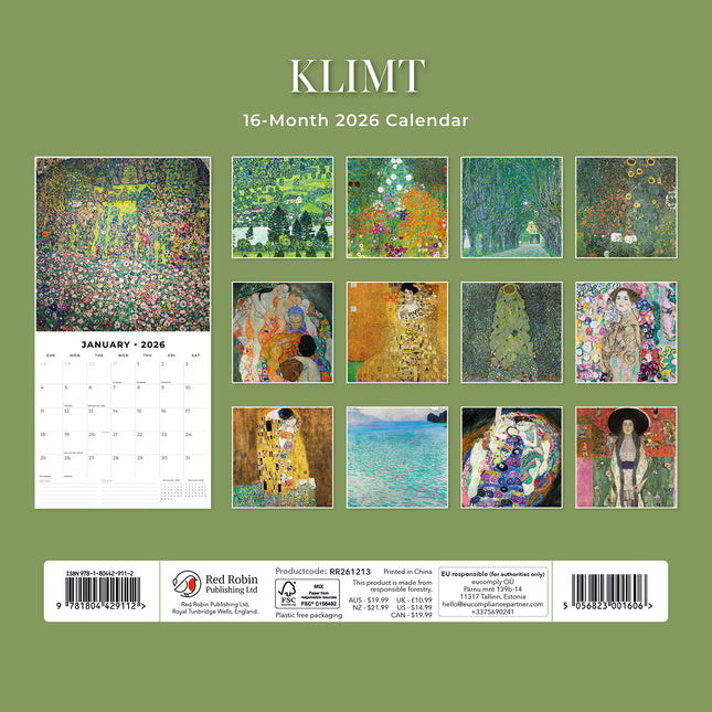 Klimt 2026 Premium Square Wall Calendar