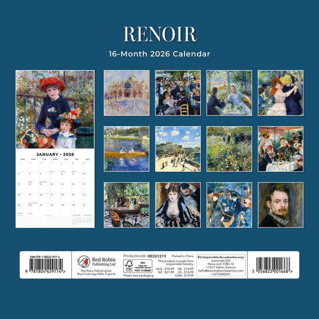 Renoir 2026 Premium Square Wall Calendar