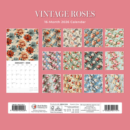 Vintage Roses 2026 Premium Square Wall Calendar