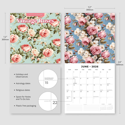 Vintage Roses 2026 Premium Square Wall Calendar