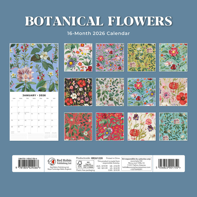 Botanical Flowers 2026 Premium Square Wall Calendar