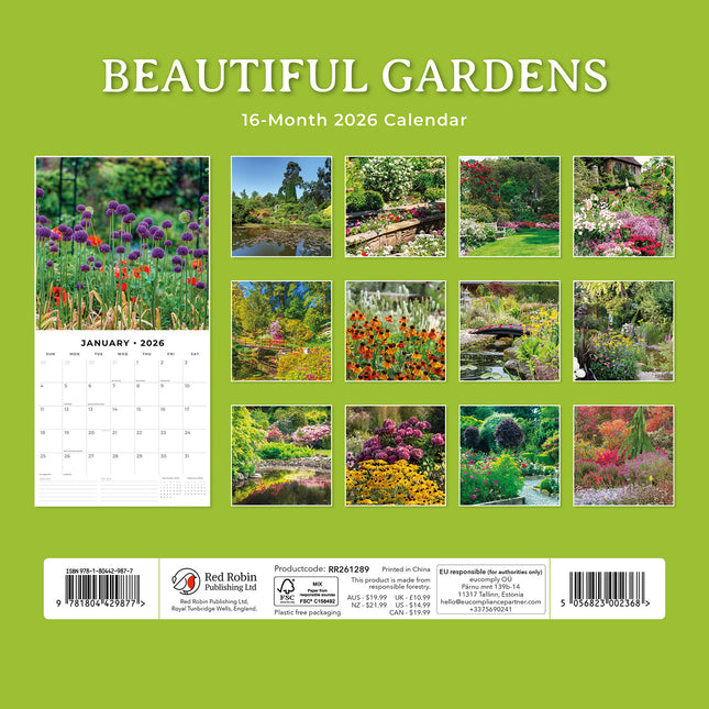 Beautiful Gardens 2026 Premium Square Wall Calendar
