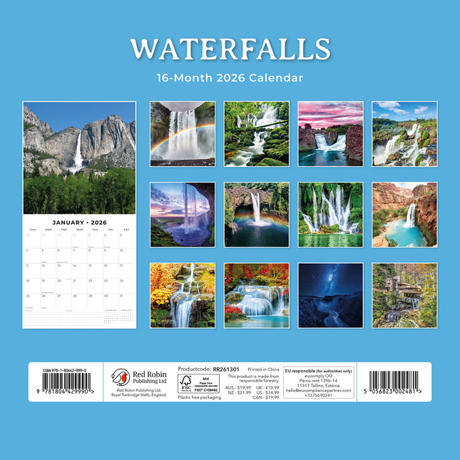 Waterfalls 2026 Premium Square Wall Calendar