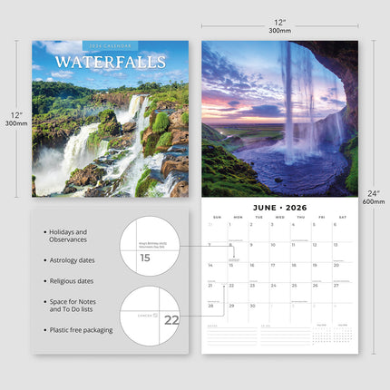 Waterfalls 2026 Premium Square Wall Calendar
