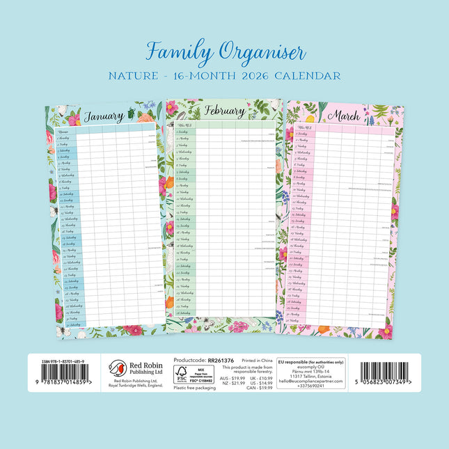 Nature Family Organiser 2026 Premium Square Wall Calendar