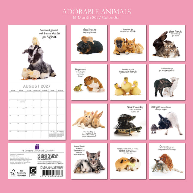 Adorable Animals 2027 Square Wall Calendar back