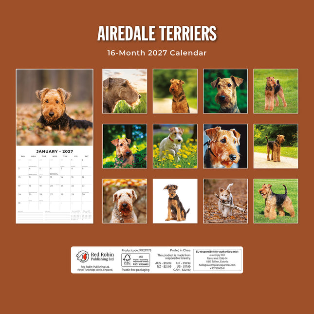 Airedale Terriers 2027 square wall calendar - back cover