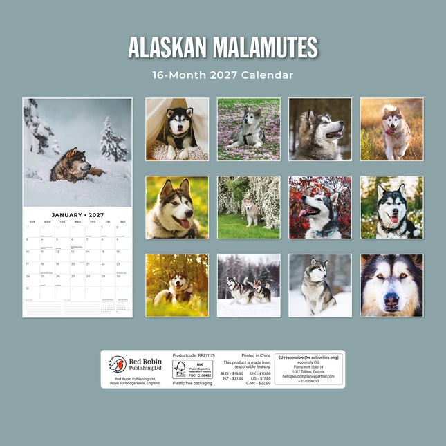 Alaskan Malamutes 2027 square wall calendar - back cover