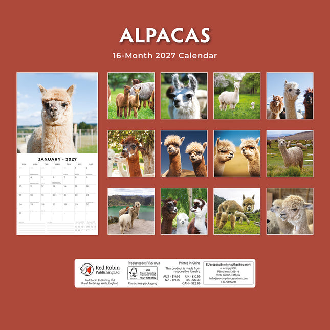 Alpacas 2027 square wall calendar - back cover