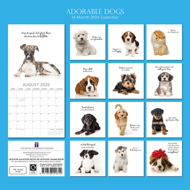 Adorable Dogs - 2026 Square Wall Calendar Pets Animals 16 Months Premium Planner