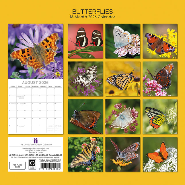 Butterflies - 2026 Square Wall Calendar Pets Animals 16 Months Premium Planner