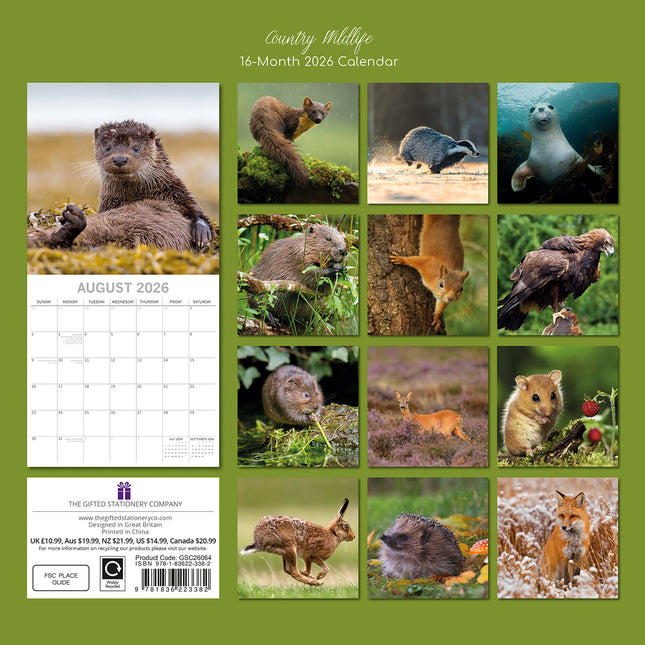 Country Wildlife 2026 Square Wall Calendar Pets Animals 16 Month Premium Planner