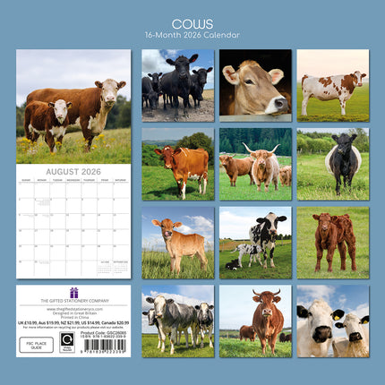 Cows - 2026 Square Wall Calendar Pets Animals 16 Months Premium Planner Gift