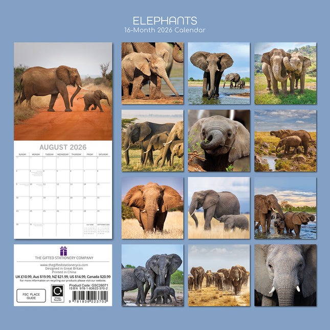 Elephants - 2026 Square Wall Calendar Pets Animals 16 Month Premium Planner Gift
