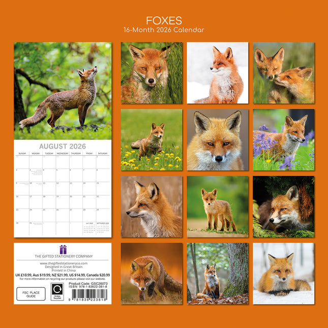 Foxes - 2026 Square Wall Calendar Pets Animals 16 Months Premium Planner Gift