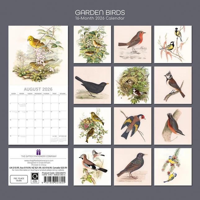 Garden Birds - 2026 Square Wall Calendar Pets Animals 16 Months Premium Planner