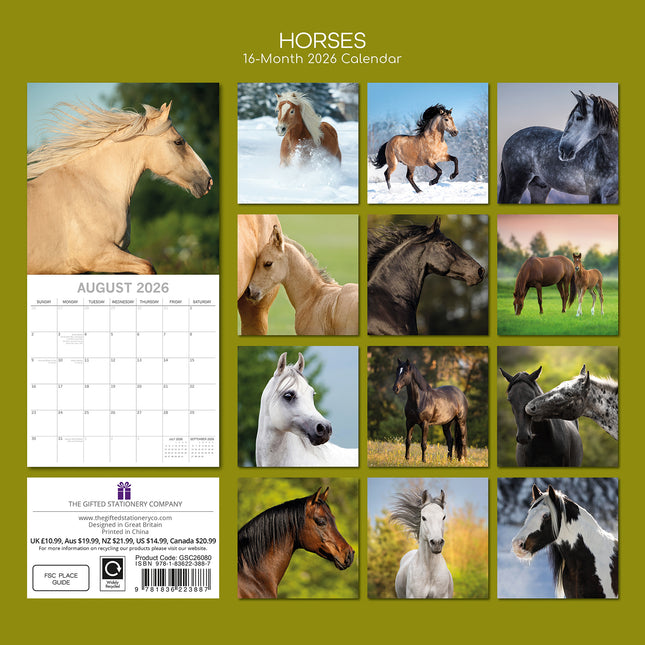 Horses - 2026 Square Wall Calendar Pets Animals 16 Months Premium Planner Gift